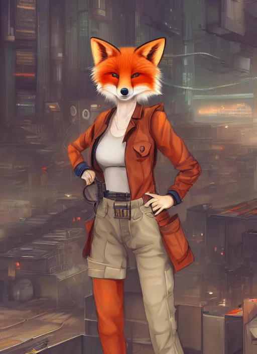 Prompt: commission of a beautiful portrait of a female anthro fox fursona wearing mechanic clothes in a industrial cyberpunk city. character design by Kinoshita Jiroh, Hyaku. Detailed, soft lighting, rendered in octane