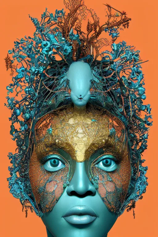 Prompt: cinema 4d colorful render, organic, dark scene, ultra detailed, of a porcelain beautiful beyonce face. biomechanical, analog, macro lens, hard light, big leaves and large orange Dragonflies, stems, roots, fine foliage lace, turquoise gold details, high fashion haute couture, art nouveau fashion embroidered, intricate details, mesh wire, mandelbrot fractal, anatomical, facial muscles, cable wires, elegant, hyper realistic, in front of dark flower pattern wallpaper, ultra detailed