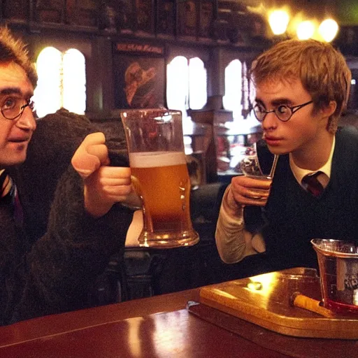 Prompt: harry potter drinking shots at the local pub with the lads