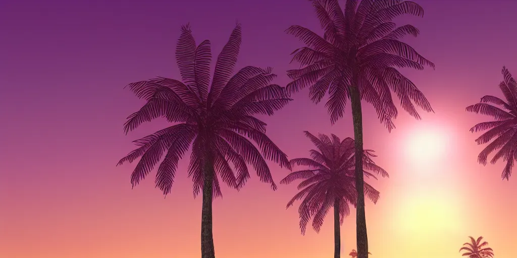 Prompt: purple sunset. palm trees. beach. realistic. digital concept art. fluffy