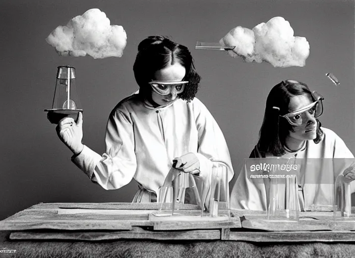 Prompt: realistic photo two medieval female scientists doing an experiment with a cloud and rainbow, living room interior is made of wood 1 9 9 0, life magazine reportage photo