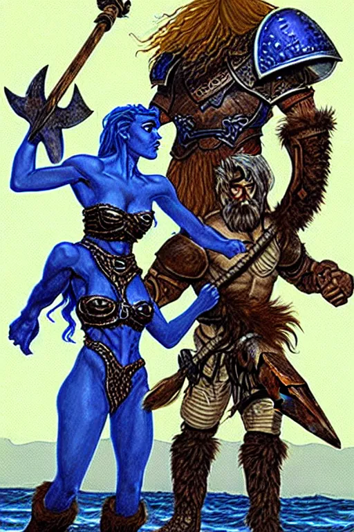 Image similar to a small blue-skinned triton girl wearing scale armor riding on a the shoulders of a large male goliath wearing fur and leather armor, dnd concept art, painting by Larry Elmore