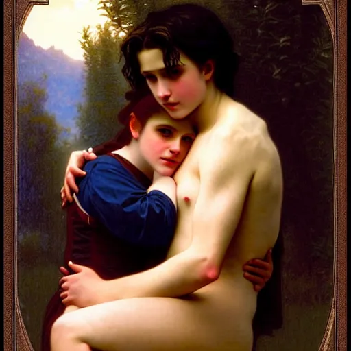 Image similar to twilight version of stranger things, portrait of edward and bella by william - adolphe bouguereau in the style of gaston bussiere, art nouveau