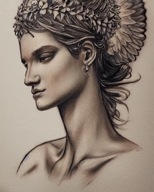 Image similar to realism tattoo sketch of a beautiful greek goddess aphrodite with piercing eyes wearing a laurel wreath and triangle earrings, in the style of greg rutkowski, amazing detail