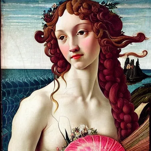 Prompt: an hyperrealistic mythological oil painting of venus with long curly brown hair, full body, wearing pink floral chiton, sing n a giant scallop shell, near the seashore, intricate lines, elegant, renaissance style, by sandro botticelli and william waterhouse