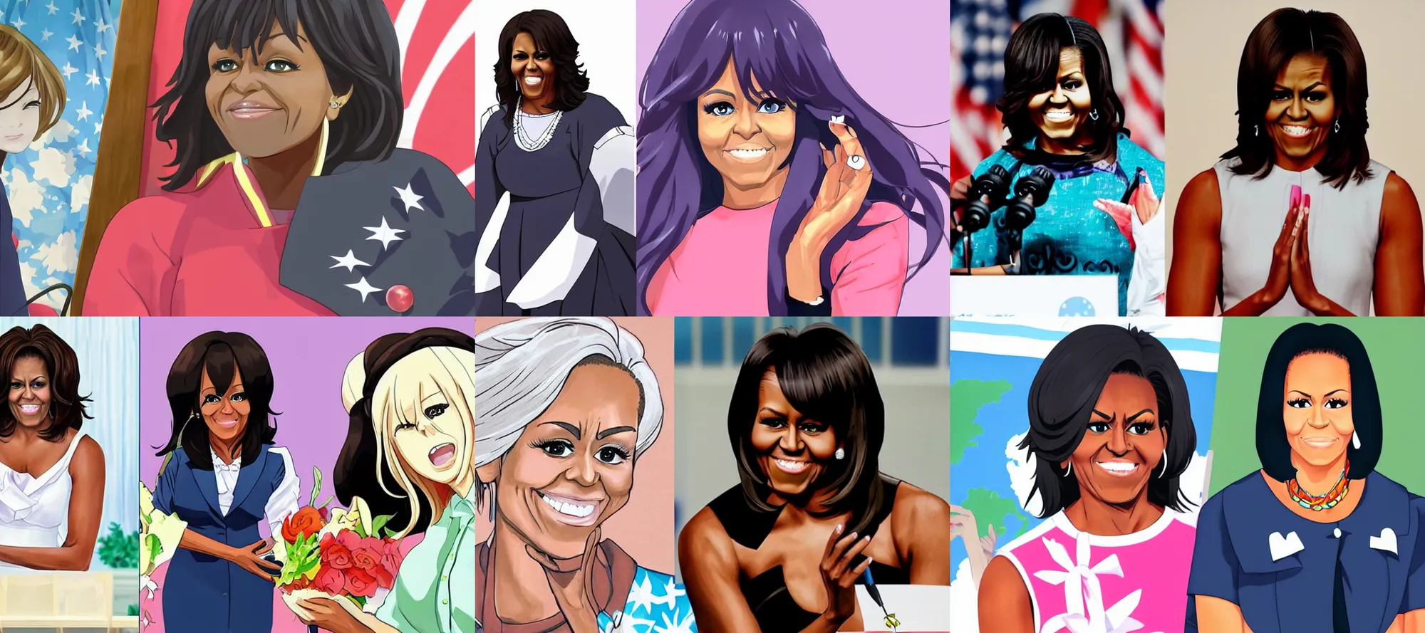 Prompt: Michelle Obama depicted as anime waifu