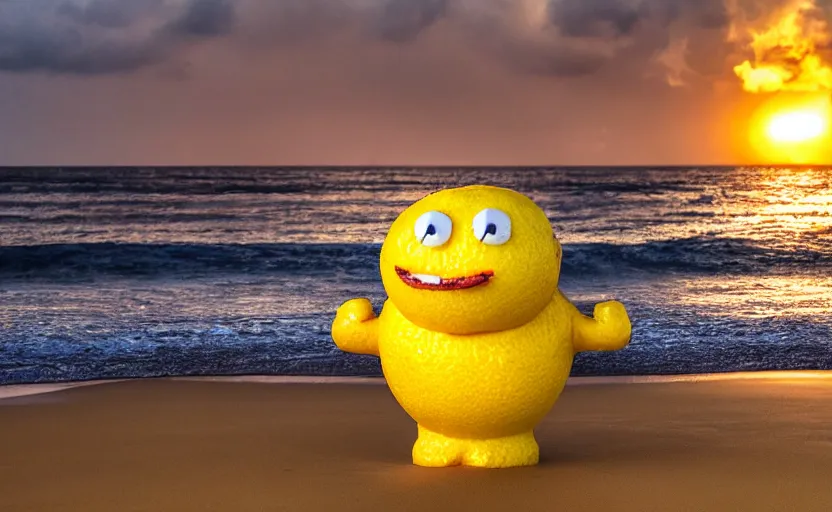 Image similar to 5 0 mm photograph, of a real anthropomorphic lemon character, fit, with lemon skin texture, it is wearing a hat and scuba diving, building a sandcastle on the beach at sunset, beach, huge waves, sun, clouds, tropical trees, rim light, cinematic photography, professional, sand, sandcastle, volumetric lightening