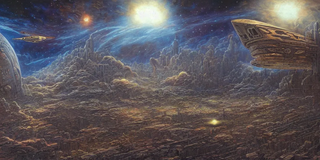 Prompt: downtown a distant galaxy by dan seagrave art and Moebius, space dust, small spaceship