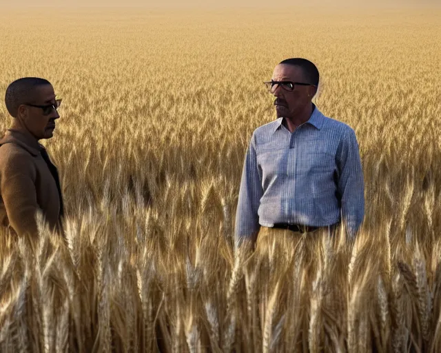 Image similar to walter white and gustavo fring facing each other in a wheat field, long shot, side view, 3 5 mm photograph, 8 k resolution, wide shot, sharp lens