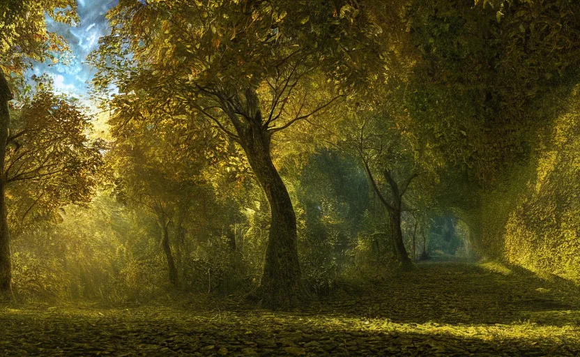 Image similar to Overgrown hallway, low camera angle, looking up, light shinning through the leaves of the tree, peak autumn, immaculate scale, matte painting, sunshine filtering through the clouds, digital art, trending on Artstation, hyper-realistic, detailed, ultra detailed