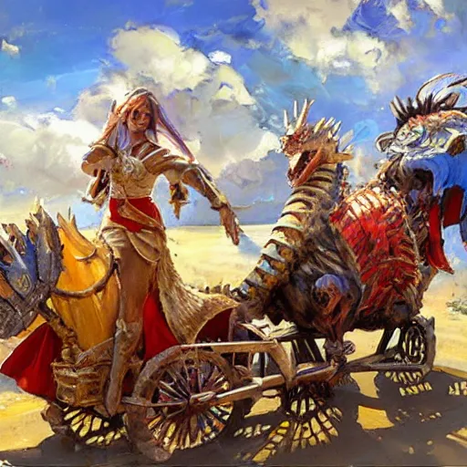 Prompt: a medieval cart bringing with gifts from the cloud tribe, dragon scales and crates of food, fantasy splash art by Michael Garmash, Donato Giancola