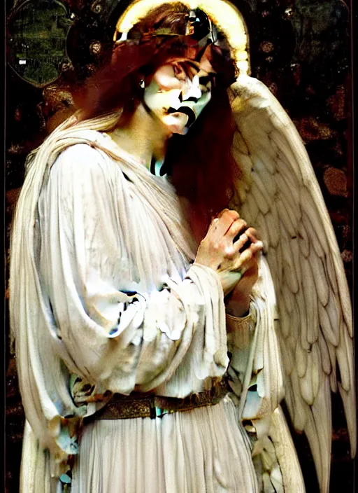 Image similar to portrait of beautiful archangel in white robes, pre - raphaelite painting by john william waterhouse, trending on art station. highly detailed, symmetrical face.