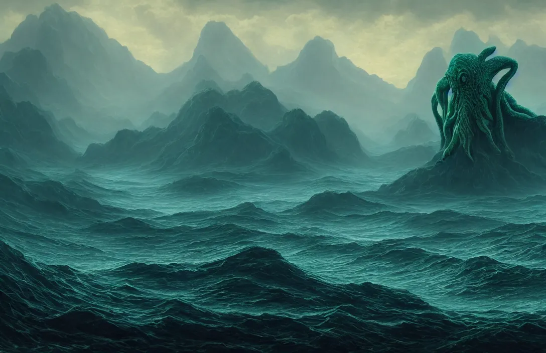 Prompt: huge gigantic cthulhu over a dark blue turquoise ocean, ultrawide shot, hyperreal phantastic misty landscape, in the style of dylan cole, mountains in background, intricate details in environment, luminance, golden ratio, high aestehtic, cinematic light, godrays, distance, clear atmosphere, photobash, wideangle, albert bierstadt, hyperreal 4 k