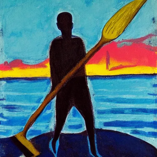 Image similar to a fauvist painting of a man deep in a hole on the beach, with a shovel, after sunset,