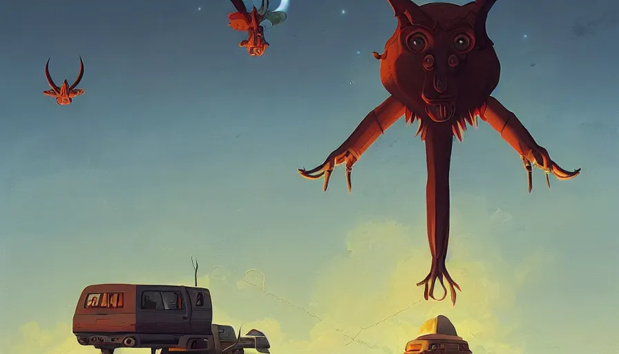 Prompt: baphomet in the sky, blocking the sun, simon stalenhag