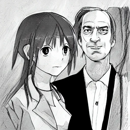 Prompt: Saul Goodman with his anime catgirl wife, trending on Pixiv