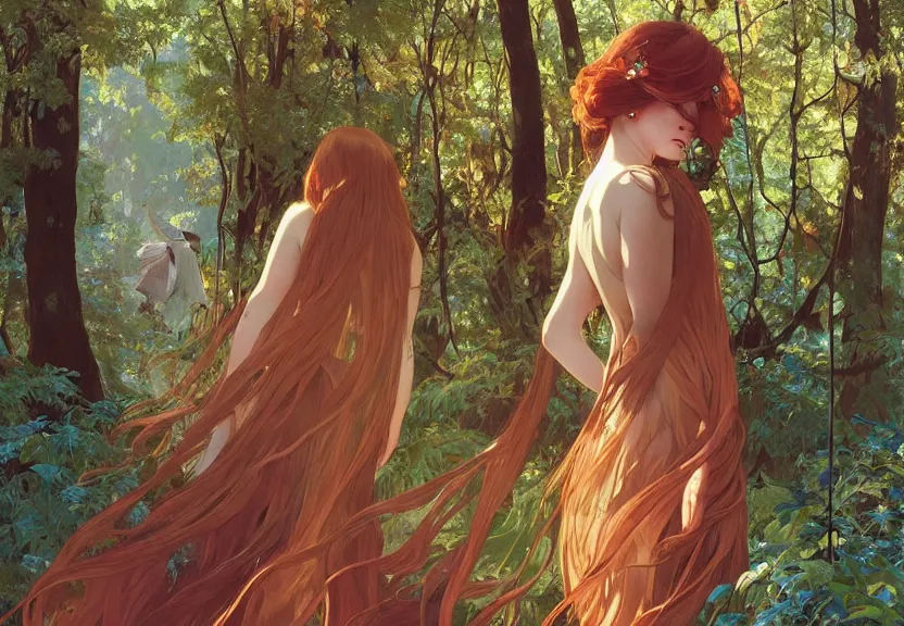 Image similar to a woman seen from behind from far away with copper hair and a flowing sundress dreaming in a forest, fine details by realistic shaded lighting poster by ilya kuvshinov katsuhiro otomo, magali villeneuve, artgerm, jeremy lipkin and michael garmash and rob rey, art nouveau, alphonse mucha, william - adolphe bouguereau, golden hour