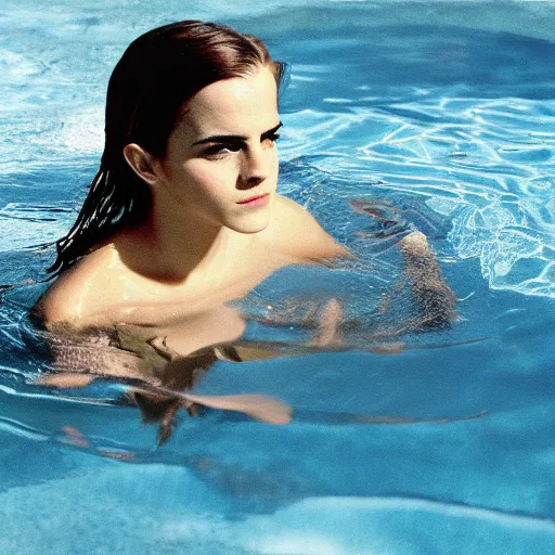 Prompt: intimate polaroid photo of emma watson submerging in water