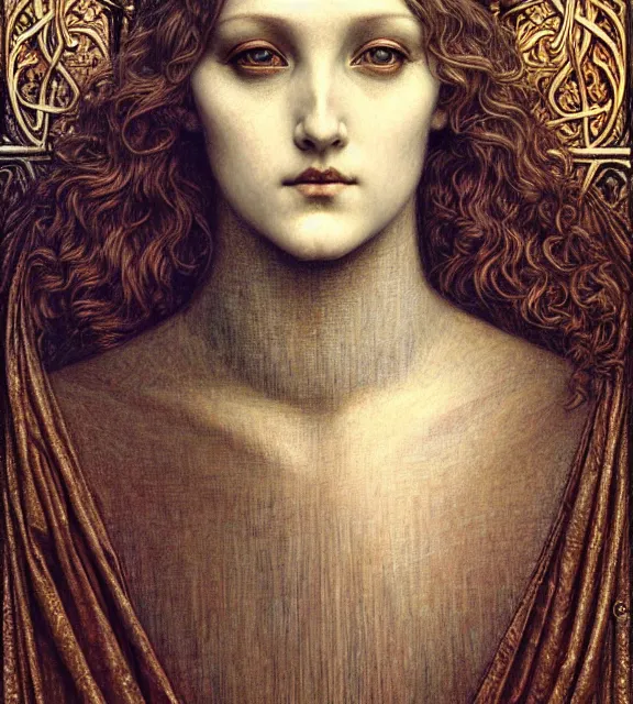 Image similar to detailed realistic beautiful young medieval queen face portrait by jean delville, gustave dore and marco mazzoni, art nouveau, symbolist, visionary, gothic, pre - raphaelite. horizontal symmetry