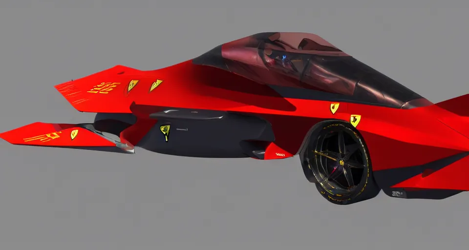 Image similar to f35 redesigned fy Ferrari, 8k, raytracing, unreal engine, trending on artstation