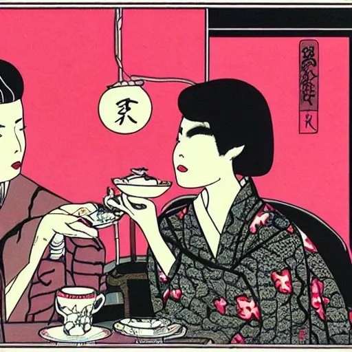 Image similar to Japanese beauty wrapped in a snake having tea with her husband by Toshio Saeki, high detailed