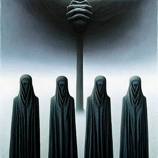 Image similar to dystopian surreal painting aliens in shrouds praying to a single eerie head statue surrounded by uneven buildings, artstyle by zdzisław beksinski