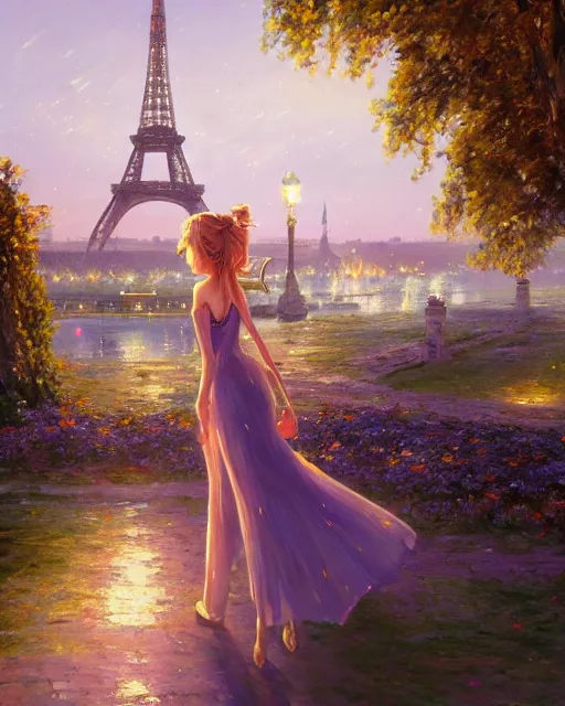 Image similar to over the shoulder landscape painting of violet evergarden, behind are distant lights from paris, eiffel tower, next to the reflecting ocean, nighttime, by vladimir volegov and Philipp A. Urlich and Pengzhen Zhang and Andreas Rocha, fantasy, intricate, elegant, highly detailed, digital painting, artstation, blender, unreal engine 5, octane render, smooth, sharp focus, illustration