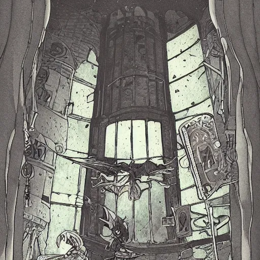 Prompt: precisely drawn illustration of anime verdigris colored old ruined tower, old-fashioned tarot card, victorian playing card, sepia tone, wide angle, sharp, fine details, anime, manga, cyberpunk, intense line art, 8k, precise linework, realistic, shaded lighting by katsuhiro otomo ghost-in-the-shell, magali villeneuve, artgerm, rutkowski Jeremy Lipkin and Giuseppe Dangelico Pino and Michael Garmash and Rob Rey