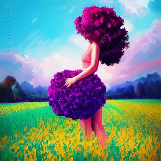 Image similar to girl with a giant carnation head, surreal photography, flower field, sunset dramatic light, impressionist painting, colorful clouds, blue sky, digital painting, artstation, simon stalenhag