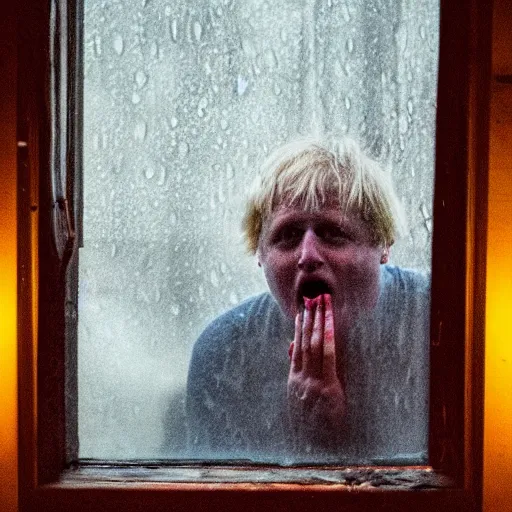 Image similar to photo of the inside of a dark old rainy bedroom window at night, dimly lit creepy | screaming face of boris johnson staring in through the window, bloody hands, horror, scary face, demonic face,