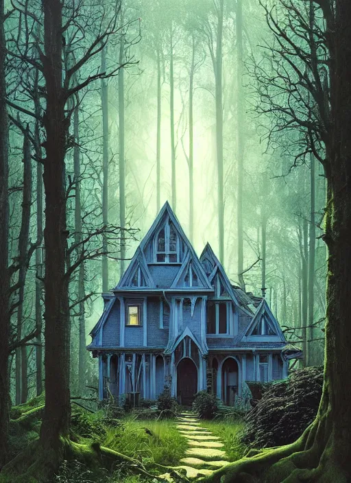 Image similar to hyper realistic witchy modern gothic house with mood lighting and tech in the woods gorgeous lighting, sunbeams blue sky, highly detailed, lush forest foliage painting by zdzisław beksinski and norman rockwell and greg rutkowski weta studio, and lucasfilm