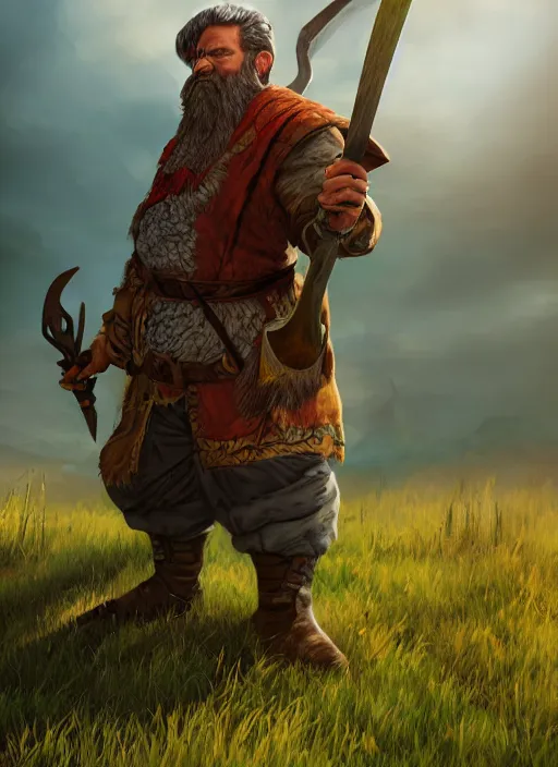Prompt: A fantasy comic book style portrait painting of a axe wielding fantasy d&d dwarf in a open meadow field in the summer, unreal 5, DAZ, hyperrealistic, octane render, RPG portrait, ambient light, dynamic lighting