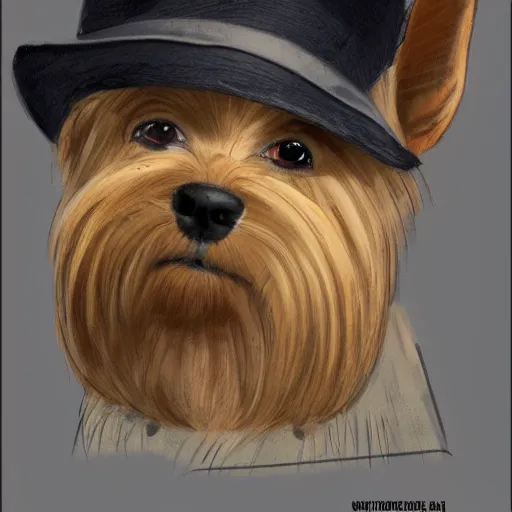 Image similar to detective yorkshire terrier wearing a fedora, disney eyes, in a dark alley, by D&D Concept Artists