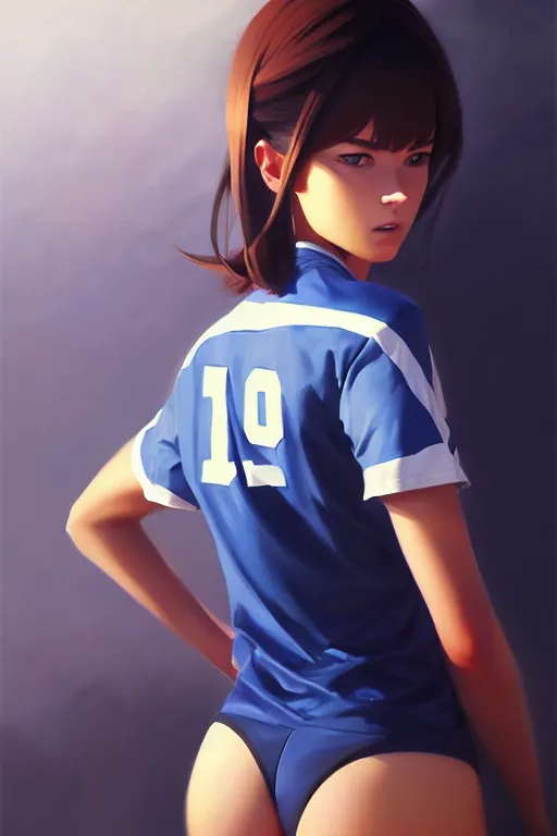 Prompt: A ultradetailed beautiful panting of a stylish woman wearing a volleyball jersey, Oil painting, by Ilya Kuvshinov, Greg Rutkowski and Makoto Shinkai