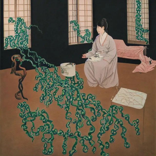 Prompt: a female pathology student in her apartment, wrapped in vines, medical equipment, candles, octopus, japanese tea ceremony, pig, black walls, ikebana, black armchair, sculpture, acrylic on canvas, surrealist, by magritte and monet