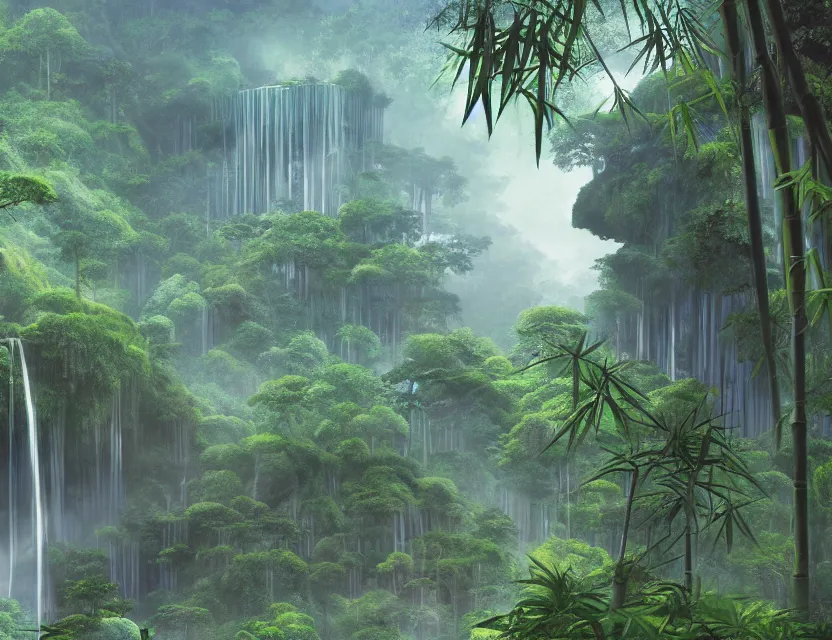 Image similar to a cinematic widescreen photo of ancient japanese temples in a misty bamboo cloud forest with waterfalls at dawn by studio ghibli by roger dean, photorealistic, 7 0 mm