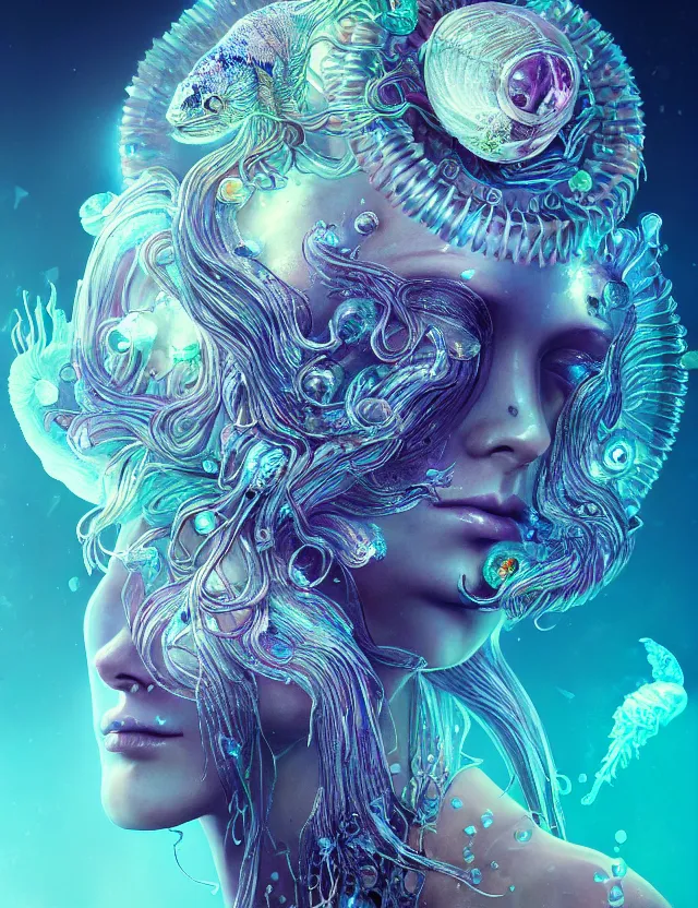 Image similar to goddess macro close - up portrait in crown made of ram skull. betta fish, jellyfish phoenix, bioluminiscent, plasma, ice, water, wind, creature, super intricate ornaments artwork by tooth wu and wlop and beeple and greg rutkowski