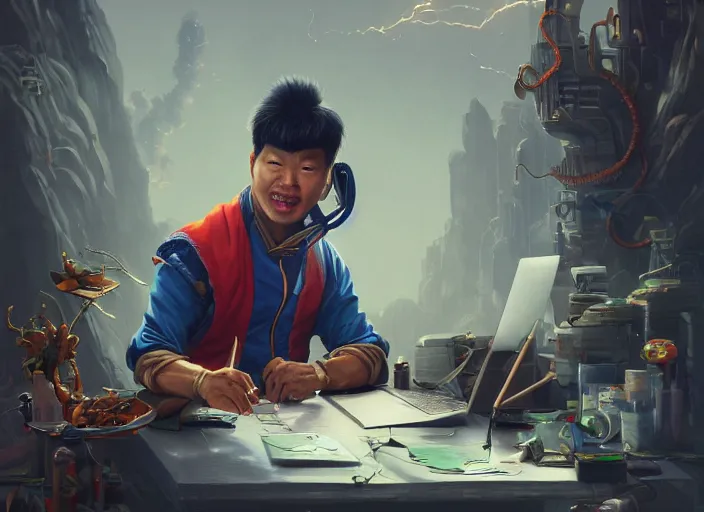 Image similar to an insanely detailed painting of an asian man wearing a homemade superhero costume, sitting at a desk, staring seriously at the computer and typing, in the style of peter mohrbacher, james jean, dramatic lighting and composition, surreal background, octane render, pixar, trending on artstation, concept art, comic book, view from behind, 8 k