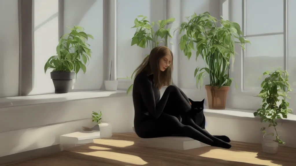 Image similar to peaceful dreamy painting of a beautiful young woman sitting with her black cat, detailed face, sunshine coming through the window, small plants on the window sill, 8k, hyper realism, trending on artstation, octane render, dynamic lighting