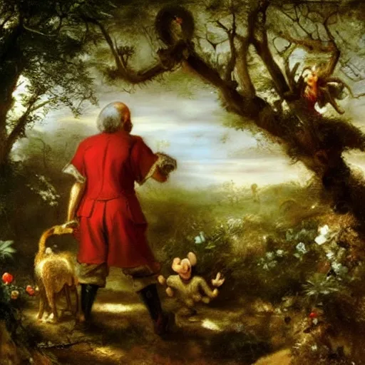 Image similar to mickey mouse entering the garden of eden, oil painting by jan matejko, masterpiece