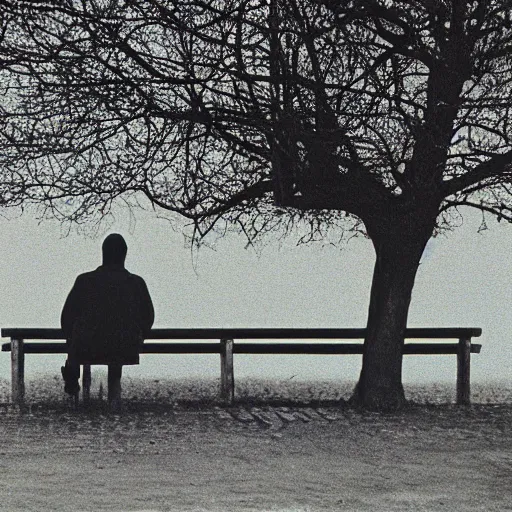 Image similar to Lonely man sitting on bench photographed by Andrej Tarkovsky, kodak 5247 stock, color photograph