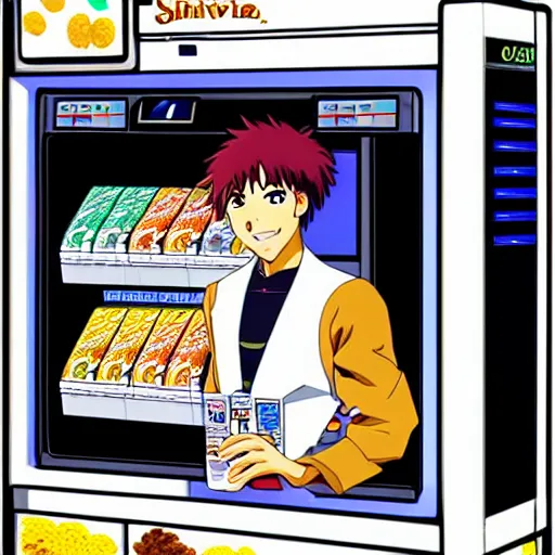 Prompt: “Shinji from Eva buying Cheerios from a cereal vending machine on a futuristic space ship, anime, artstation”