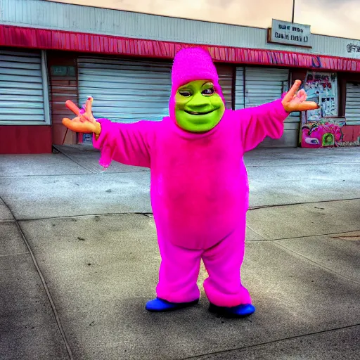 Prompt: Shrek as Pink Guy, dressed as Pink Guy, in a Pink Guy Costume, on the streets, sun shining, fish lens, nostalgic, realistic, 4k resolution, detailed face, 4k, 8k, 8k resolution, 8k resolution face, hyperrealistic, cool, on the boardwalk of a beach in L.A, mid 2000s, at night, nighttime, dark