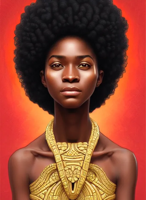 Image similar to beautiful igbo feminine face! portrait of young woman blessed by god with ever - increasing physical and mental perfection, black afro hair, symmetrical! intricate, elegant, highly detailed, vision of holy perfection!! smile, digital painting, artstation, concept art, smooth, sharp focus, illustration, art by artgerm and greg rutkowski and alphonse mucha