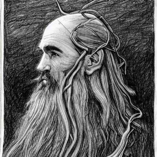 Image similar to bearded male druid gray skin pointy ears with vines as hair detailed fantasy drawing tolkien