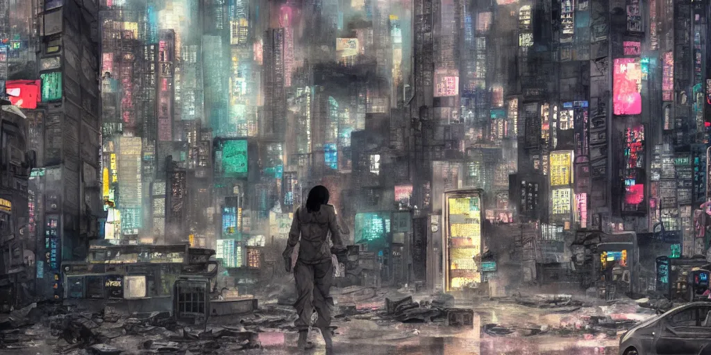 Image similar to dusty city, broken vending machines, Ghost in the Shell, ultrawide watercolor