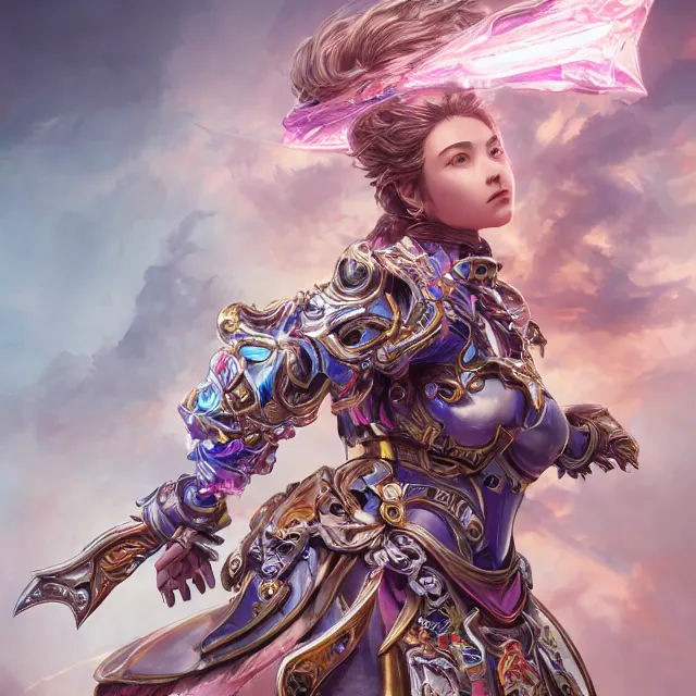 Image similar to studio portrait of lawful good colorful female holy mech paladin as absurdly beautiful, elegant, young woman, eye gear, ultrafine hyperrealistic detailed face illustration by kim jung gi, irakli nadar, intricate linework, sharp focus, bright colors, matte, octopath traveler, final fantasy, unreal engine highly rendered, global illumination, radiant light, intricate environment