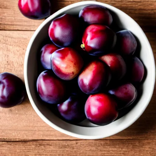 Prompt: photo of a single thick porcelain bowl filled with a few moist freshly picked plums on a wooden table. volumetric lighting. 4 k. small scale. realistic. top down.