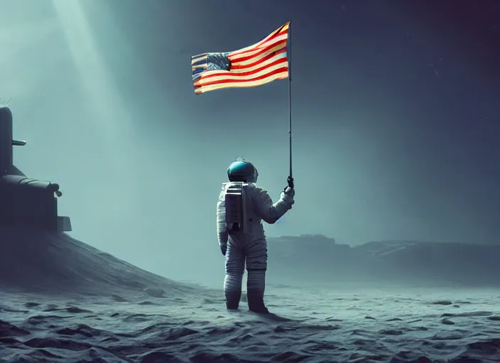 Image similar to astronaut holding a flag in an underwater desert. a submarine is visible in the distance. dark, concept art, cinematic, dramatic, atmospheric, 8 k, trending on artstation, blue, fish, low visibility, fog, ocean floor, christopher nolan, interstellar