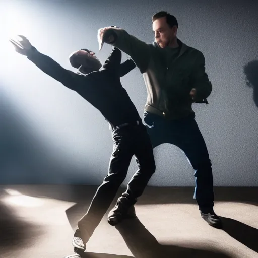 Image similar to award winning, 4K, uhd, photo of Mick West fighting a shadow being